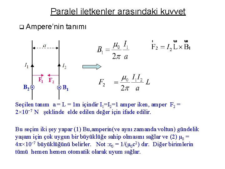 Paralel iletkenler arasındaki kuvvet q Ampere’nin tanımı Seçilen tanım a = L = 1