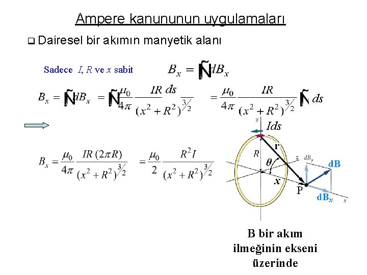 Ampere kanununun uygulamaları q Dairesel bir akımın manyetik alanı Sadece I, R ve x