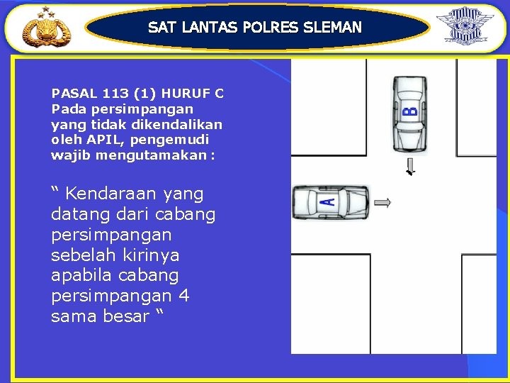 SAT LANTAS POLRES SLEMAN PASAL 113 (1) HURUF C Pada persimpangan yang tidak dikendalikan