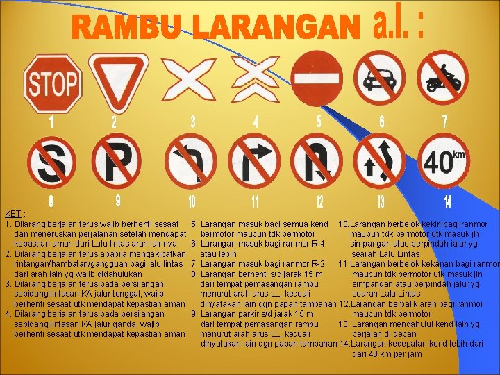 KET : 1. Dilarang berjalan terus, wajib berhenti sesaat dan meneruskan perjalanan setelah mendapat