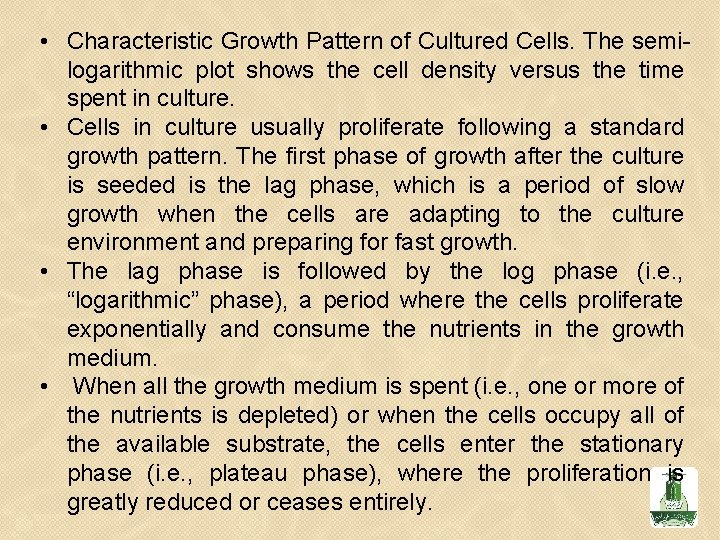  • Characteristic Growth Pattern of Cultured Cells. The semilogarithmic plot shows the cell