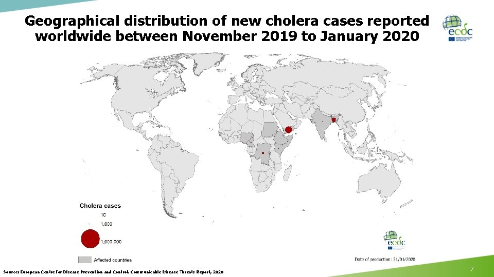 Geographical distribution of new cholera cases reported worldwide between November 2019 to January 2020