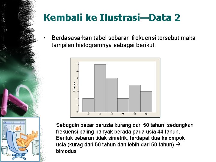 Kembali ke Ilustrasi—Data 2 • Berdasasarkan tabel sebaran frekuensi tersebut maka tampilan histogramnya sebagai