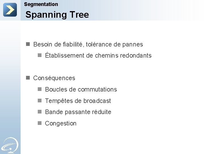 Segmentation Spanning Tree n Besoin de fiabilité, tolérance de pannes n Établissement de chemins