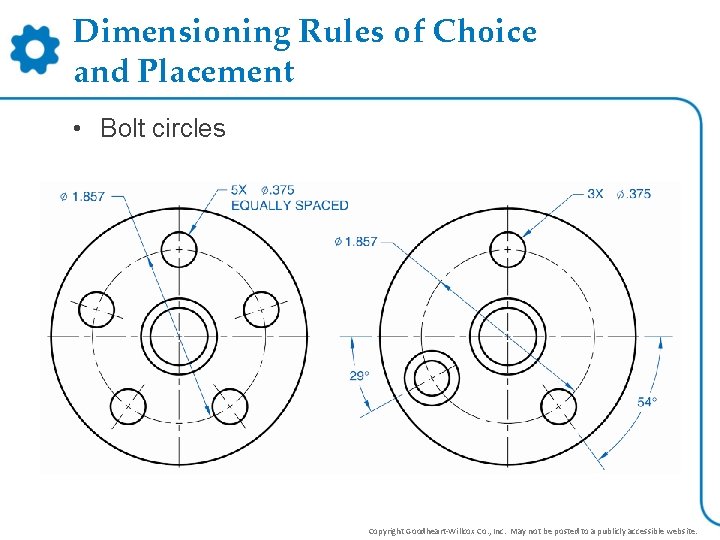 Dimensioning Rules of Choice and Placement • Bolt circles Copyright Goodheart-Willcox Co. , Inc. Dimensioning Rules of Choice and Placement • Bolt circles Copyright Goodheart-Willcox Co. , Inc.