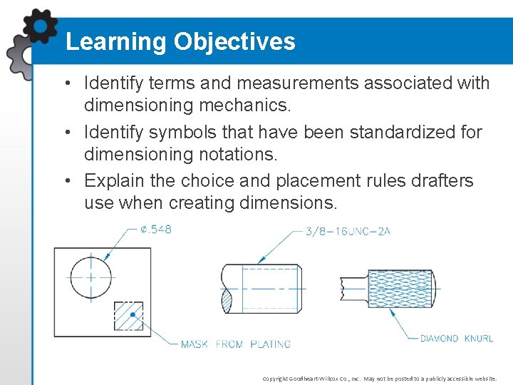 Learning Objectives • Identify terms and measurements associated with dimensioning mechanics. • Identify symbols Learning Objectives • Identify terms and measurements associated with dimensioning mechanics. • Identify symbols