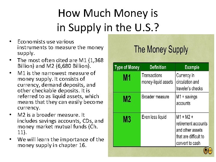 How Much Money is in Supply in the U. S. ? • Economists use