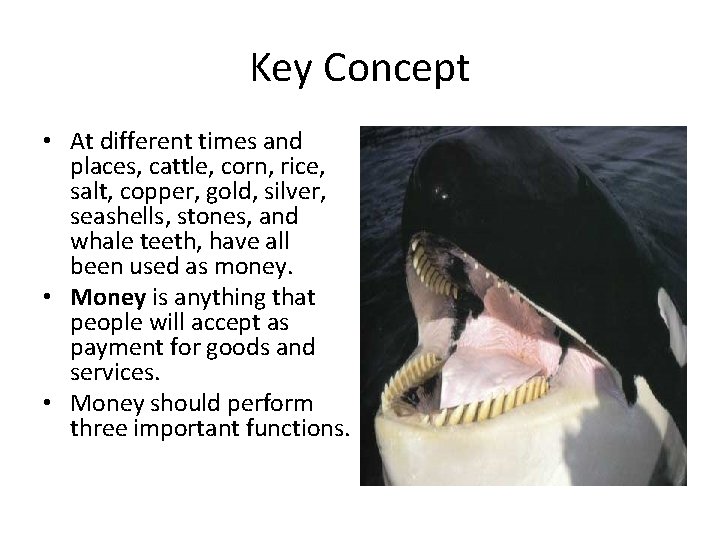 Key Concept • At different times and places, cattle, corn, rice, salt, copper, gold,