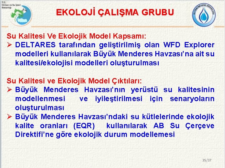 EKOLOJİ ÇALIŞMA GRUBU Su Kalitesi Ve Ekolojik Model Kapsamı: Ø DELTARES tarafından geliştirilmiş olan