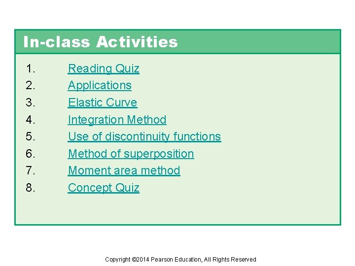 In-class Activities 1. 2. 3. 4. 5. 6. 7. 8. Reading Quiz Applications Elastic