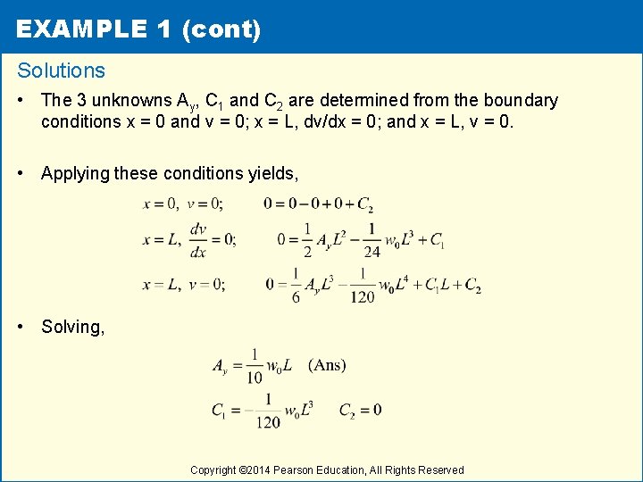 EXAMPLE 1 (cont) Solutions • The 3 unknowns Ay, C 1 and C 2