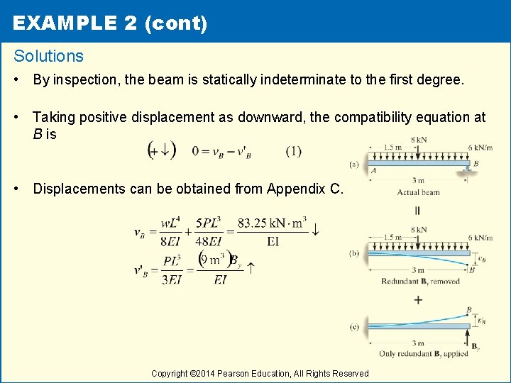 EXAMPLE 2 (cont) Solutions • By inspection, the beam is statically indeterminate to the