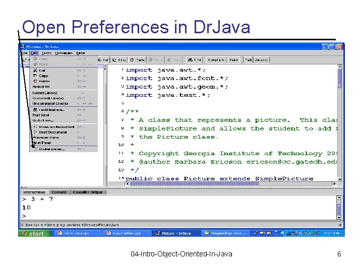 Open Preferences in Dr. Java 04 -Intro-Object-Oriented-In-Java 6 
