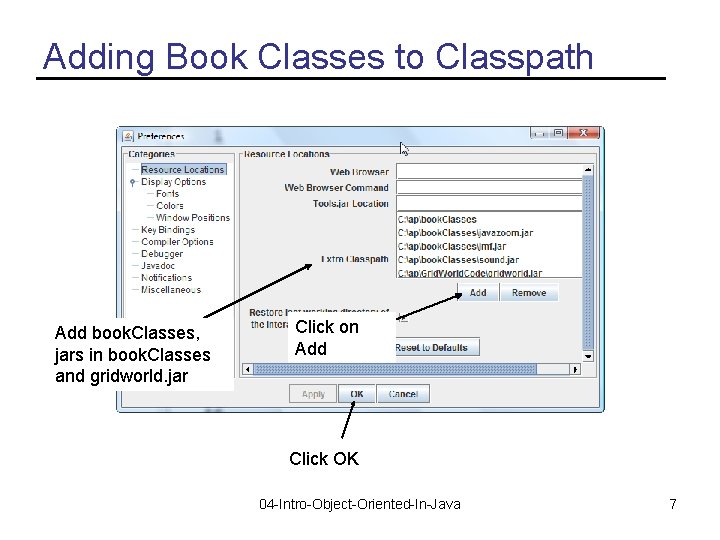 Adding Book Classes to Classpath Add book. Classes, jars in book. Classes and gridworld.