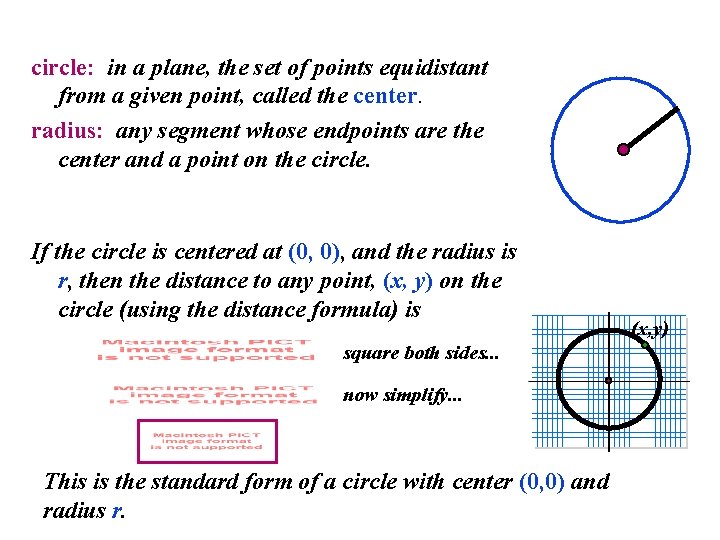circle: in a plane, the set of points equidistant from a given point, called