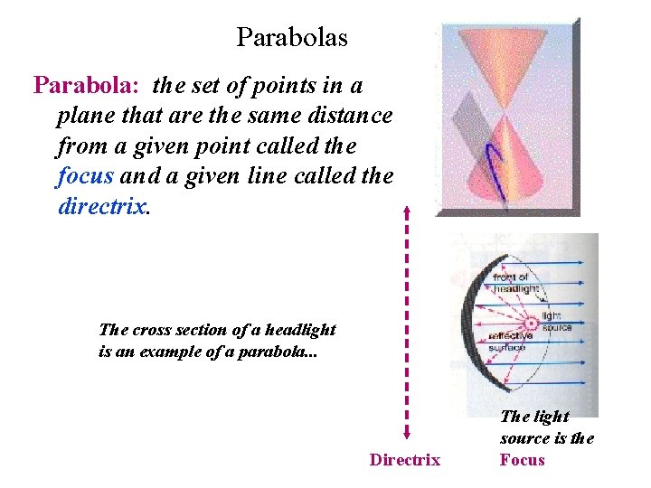 Parabolas Parabola: the set of points in a plane that are the same distance