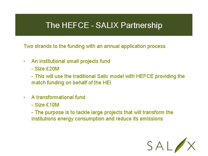 The HEFCE – SALIX Partnership Two strands to the funding with an annual application