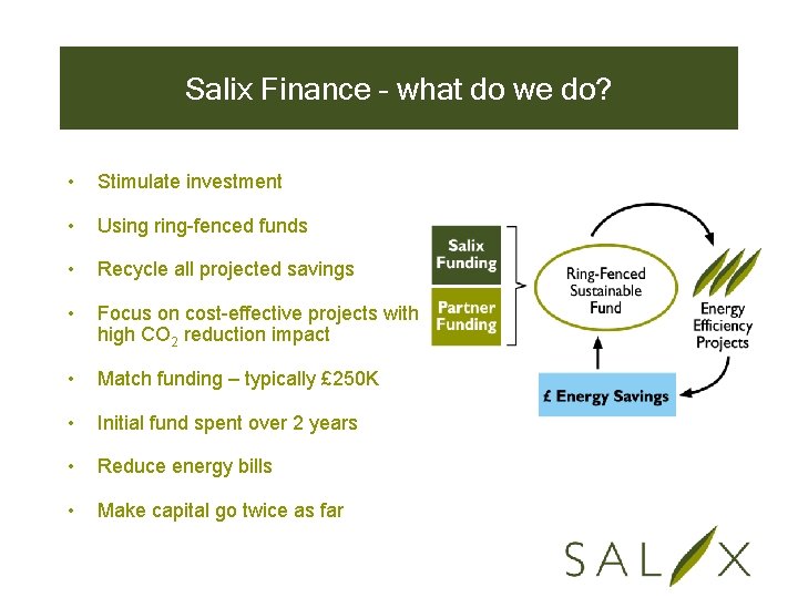 Salix Finance – what do we do? • Stimulate investment • Using ring-fenced funds
