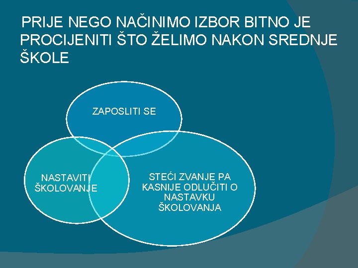 PRIJE NEGO NAČINIMO IZBOR BITNO JE PROCIJENITI ŠTO ŽELIMO NAKON SREDNJE ŠKOLE ZAPOSLITI SE