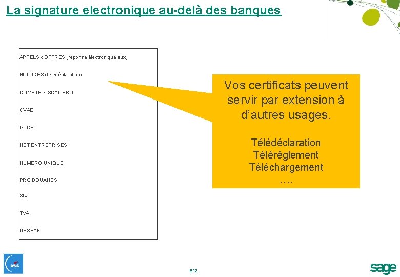 La signature electronique au-delà des banques APPELS d'OFFRES (réponse électronique aux) BIOCIDES (télédéclaration) Vos