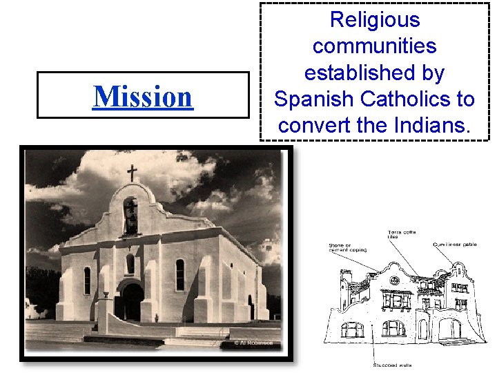 Mission Religious communities established by Spanish Catholics to convert the Indians. 