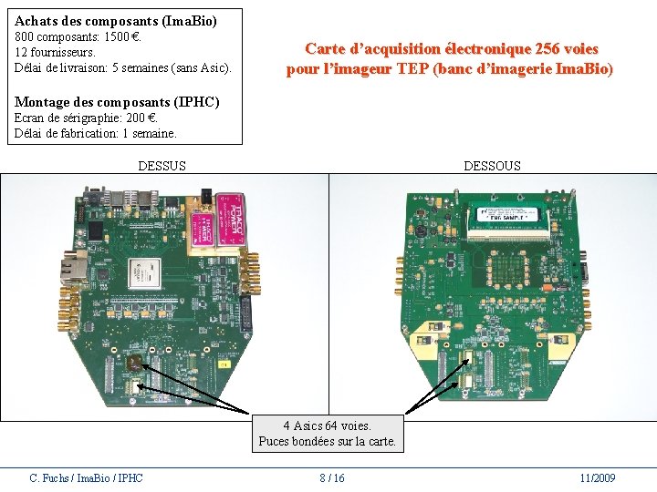 Achats des composants (Ima. Bio) 800 composants: 1500 €. 12 fournisseurs. Délai de livraison: