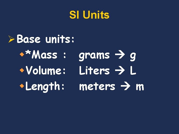 SI Units Ø Base units: w*Mass : w. Volume: w. Length: grams g Liters