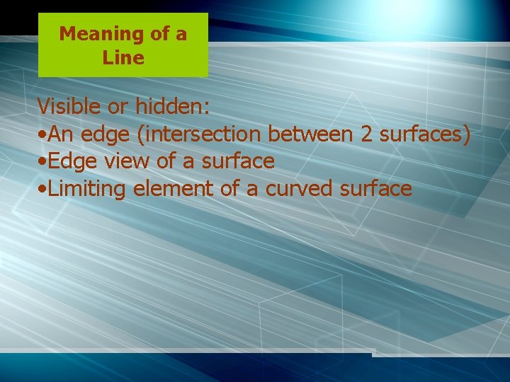 Meaning of a Line Visible or hidden: • An edge (intersection between 2 surfaces)