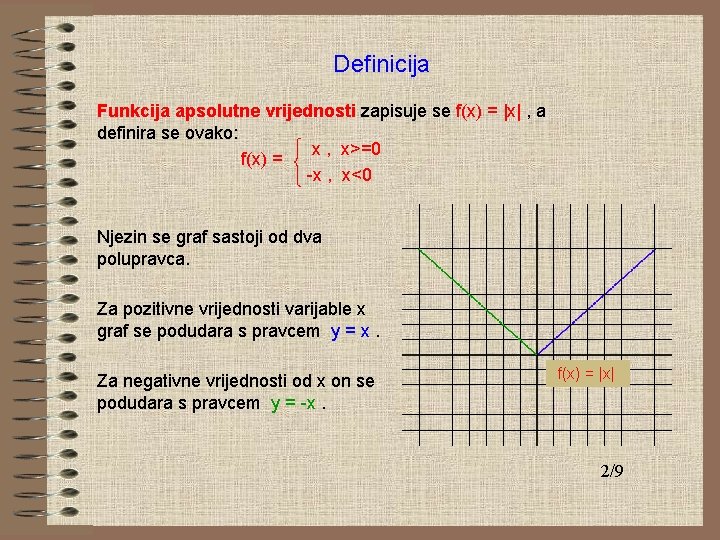 Definicija Funkcija apsolutne vrijednosti zapisuje se f(x) = |x| , a definira se ovako: