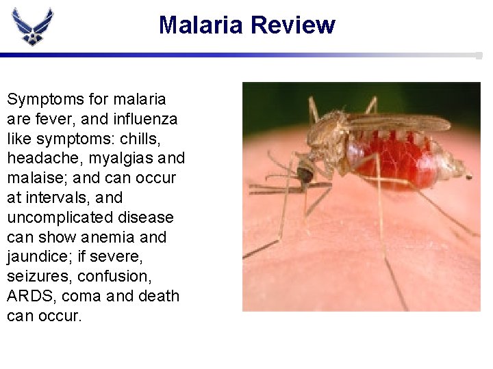 Malaria Review Symptoms for malaria are fever, and influenza like symptoms: chills, headache, myalgias