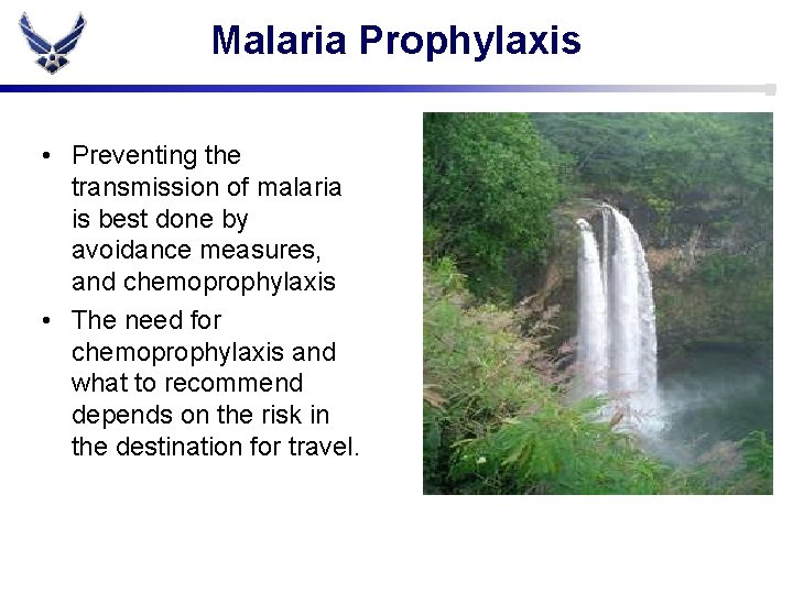 Malaria Prophylaxis • Preventing the transmission of malaria is best done by avoidance measures,