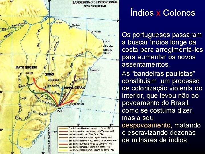 Índios x Colonos Os portugueses passaram a buscar índios longe da costa para arregimentá-los