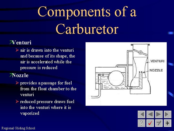 Components of a Carburetor äVenturi Ø air is drawn into the venturi and because