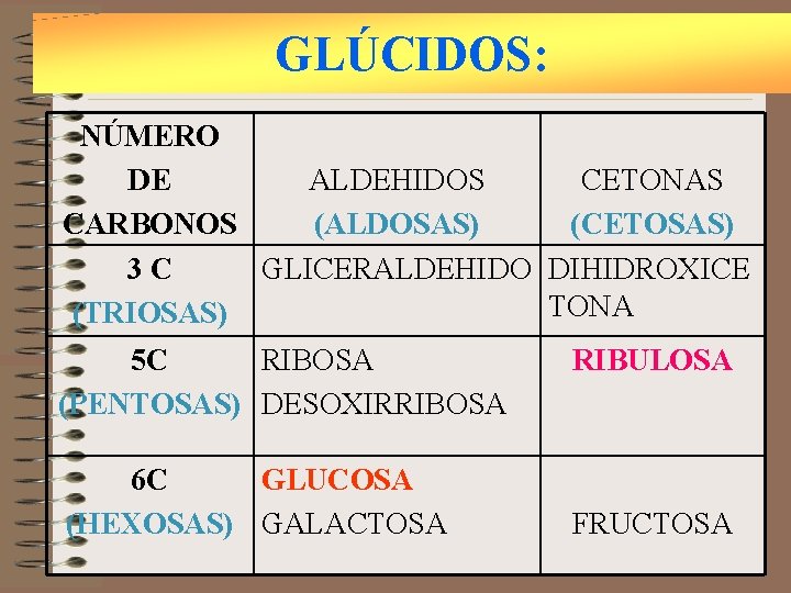 GLÚCIDOS: NÚMERO DE ALDEHIDOS CETONAS CARBONOS (ALDOSAS) (CETOSAS) 3 C GLICERALDEHIDO DIHIDROXICE TONA (TRIOSAS)