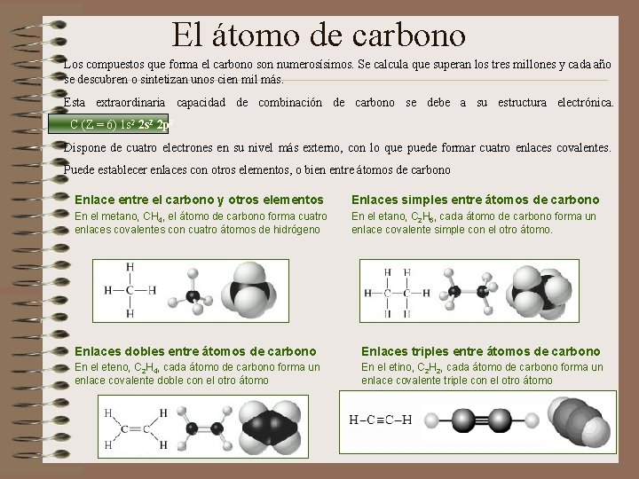 El átomo de carbono Los compuestos que forma el carbono son numerosísimos. Se calcula