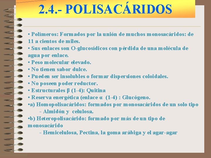 2. 4. - POLISACÁRIDOS • Polímeros: Formados por la unión de muchos monosacáridos: de