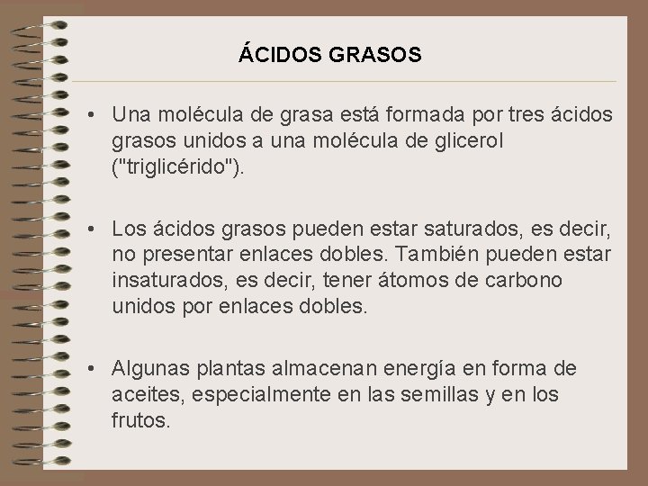 ÁCIDOS GRASOS • Una molécula de grasa está formada por tres ácidos grasos unidos