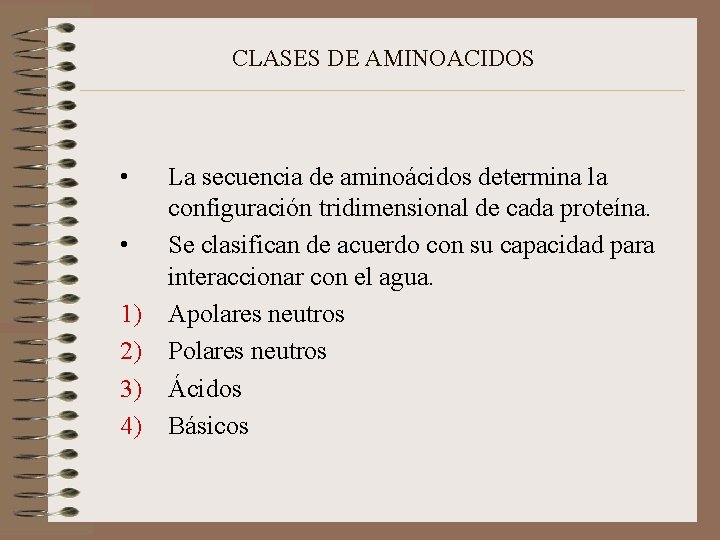 CLASES DE AMINOACIDOS • • 1) 2) 3) 4) La secuencia de aminoácidos determina