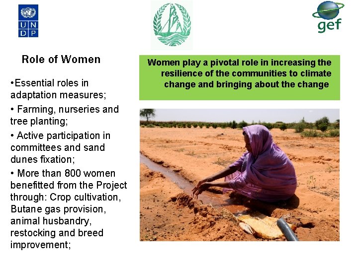 Role of Women • Essential roles in adaptation measures; • Farming, nurseries and tree Role of Women • Essential roles in adaptation measures; • Farming, nurseries and tree