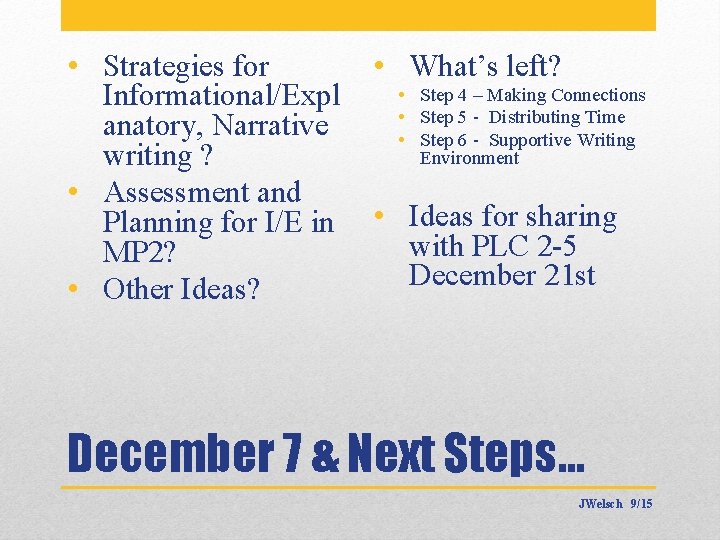  • Strategies for Informational/Expl anatory, Narrative writing ? • Assessment and Planning for