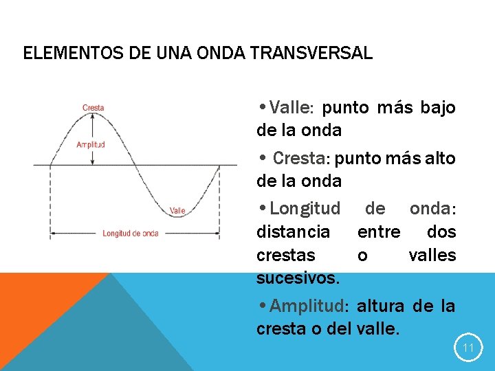 ELEMENTOS DE UNA ONDA TRANSVERSAL • Valle: punto más bajo de la onda •
