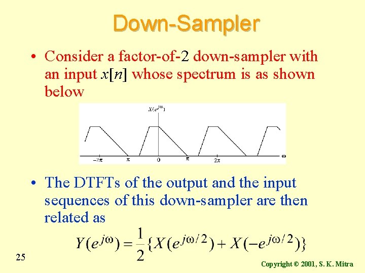 Down-Sampler • Consider a factor-of-2 down-sampler with an input x[n] whose spectrum is as