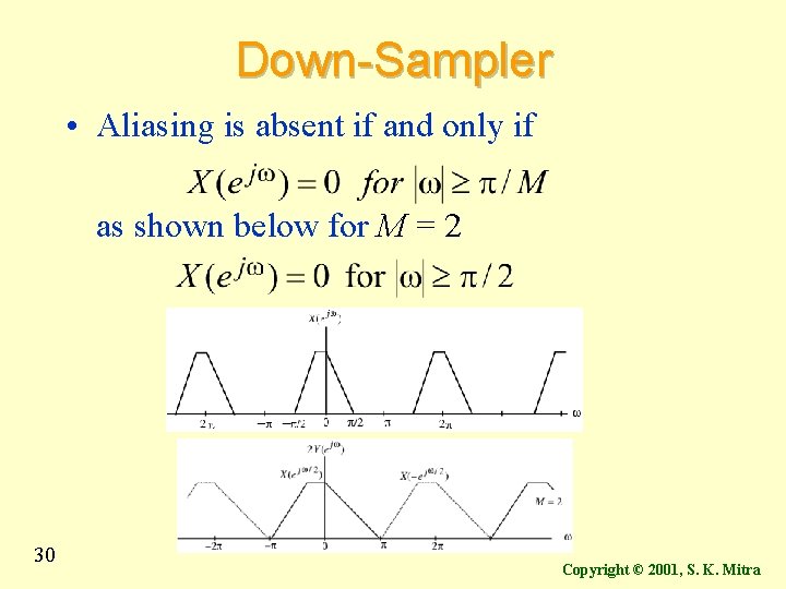 Down-Sampler • Aliasing is absent if and only if as shown below for M Down-Sampler • Aliasing is absent if and only if as shown below for M