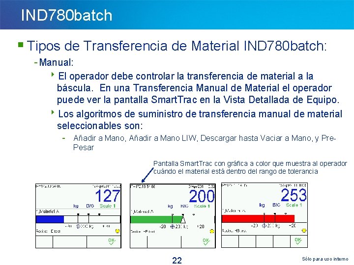 IND 780 batch § Tipos de Transferencia de Material IND 780 batch: - Manual: