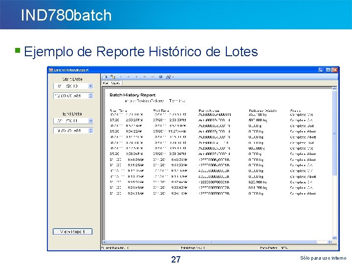 IND 780 batch § Ejemplo de Reporte Histórico de Lotes 27 Sólo para uso