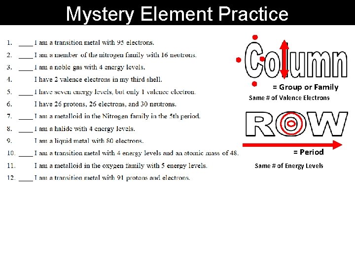 Mystery Element Practice = Group or Family Same # of Valence Electrons = Period