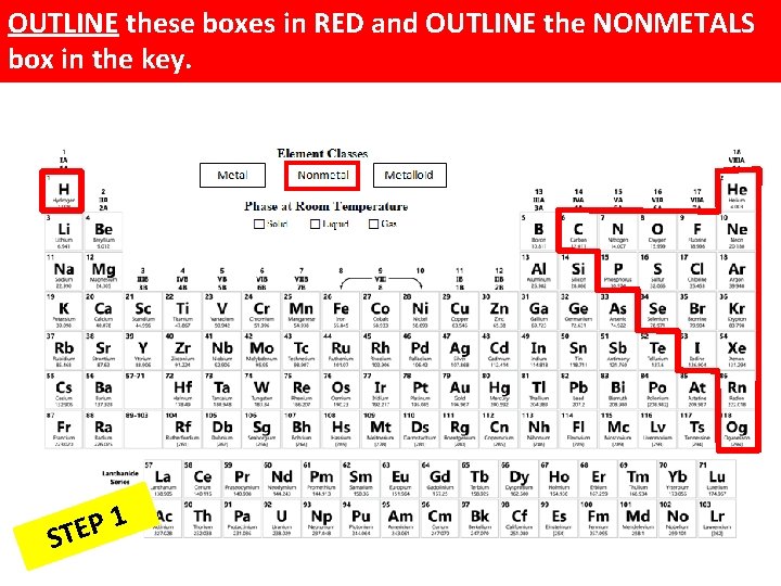 OUTLINE these boxes in RED and OUTLINE the NONMETALS box in the key. 1