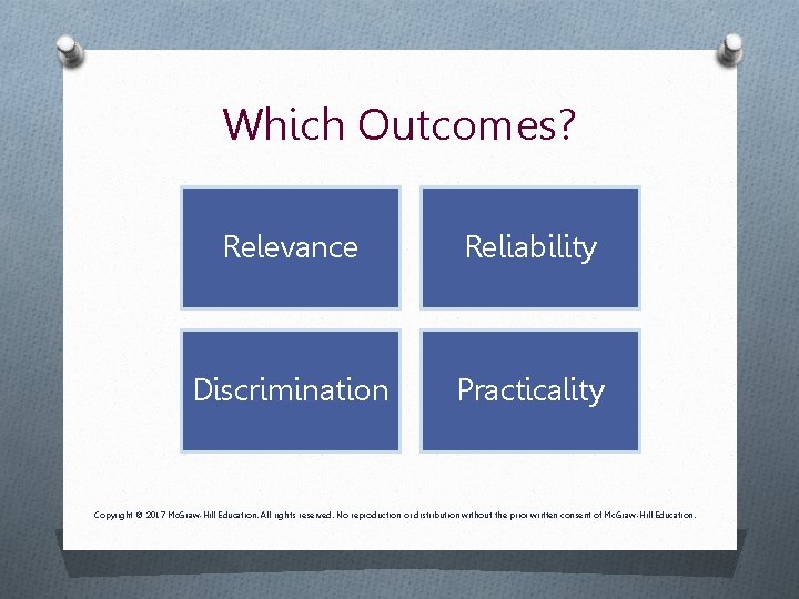 Which Outcomes? Relevance Reliability Discrimination Practicality Copyright © 2017 Mc. Graw-Hill Education. All rights