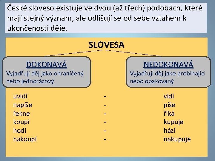 České sloveso existuje ve dvou (až třech) podobách, které mají stejný význam, ale odlišují
