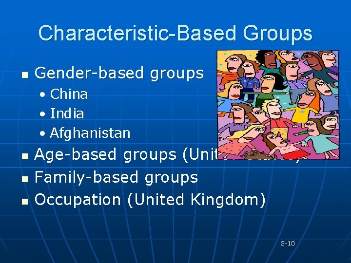 Characteristic-Based Groups n Gender-based groups • China • India • Afghanistan n Age-based groups